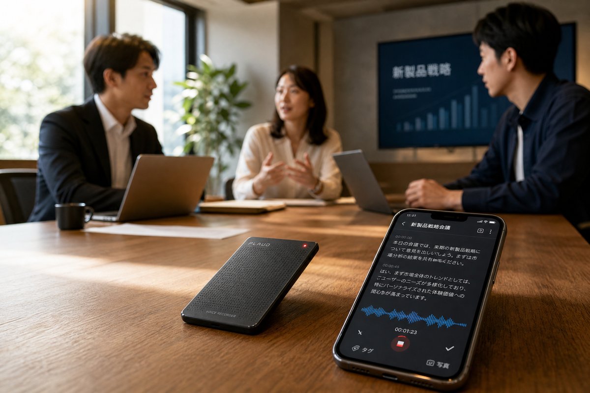 AIボイスレコーダーで会議を録音・自動文字起こししている様子